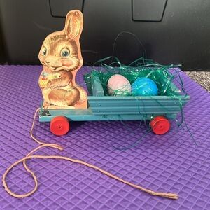 1949 Fisher Price Bunny Egg Cart Pull Toy, All Wood, Nailed, Easter Decor